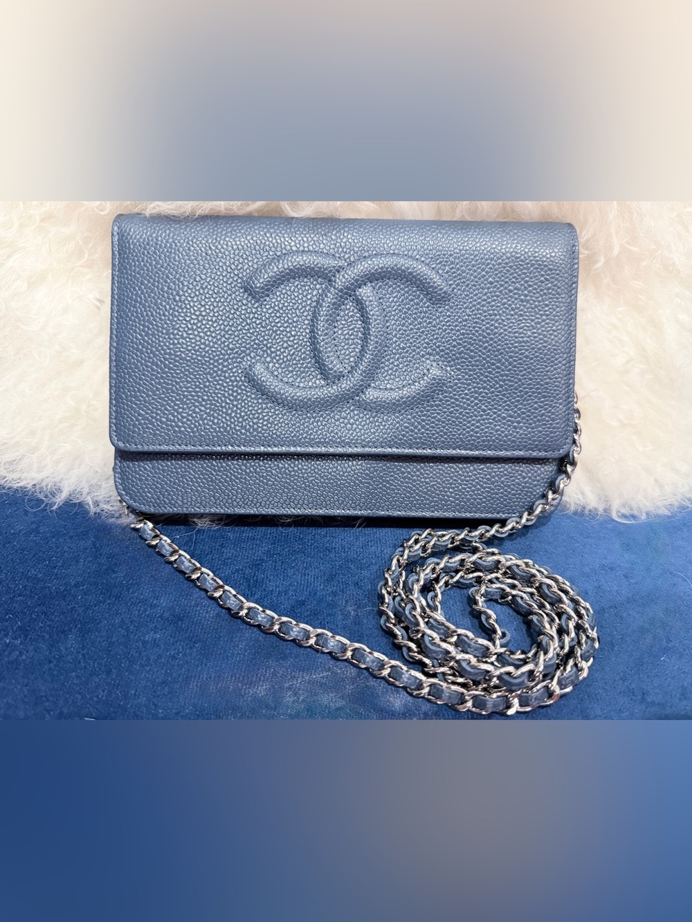 CHANEL “Dark Blue” Caviar Timeless Wallet on Chain